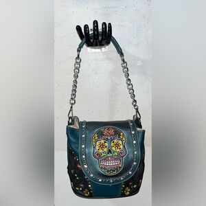 Montana West Teal Crossbody Bag with Floral Skull